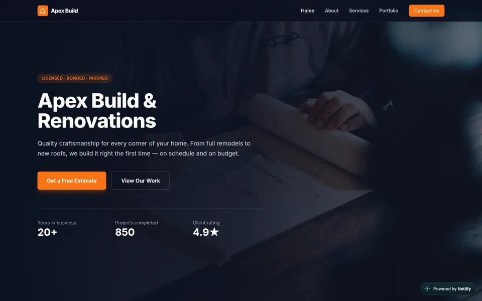 Apex Build & Renovations concept homepage